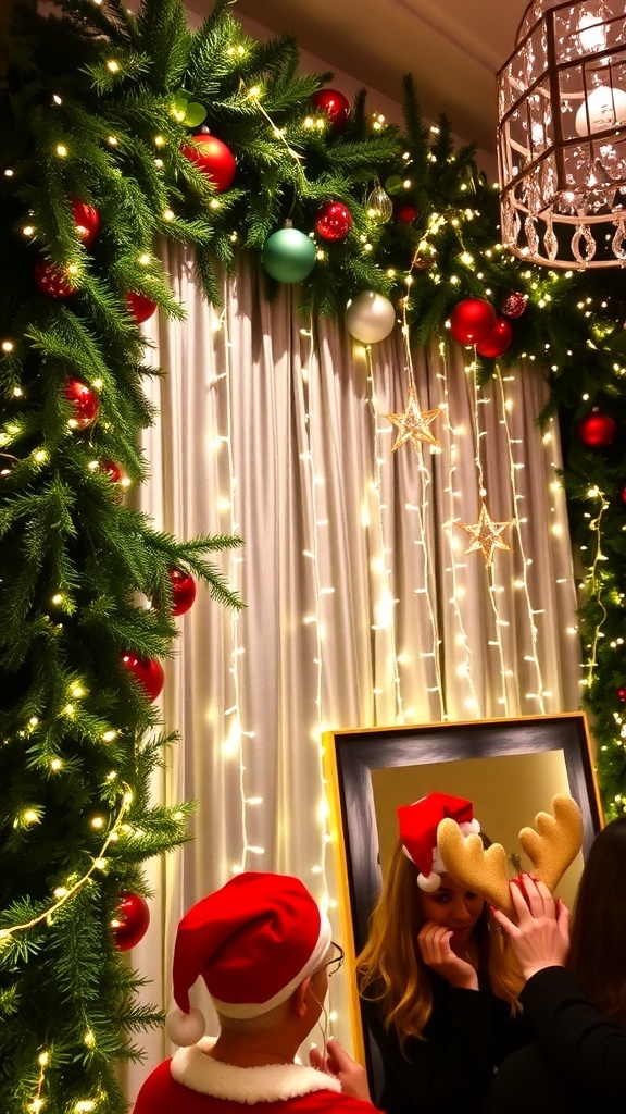 A festive Christmas backdrop with fairy lights, evergreen garlands, and a photo booth setup with holiday props.